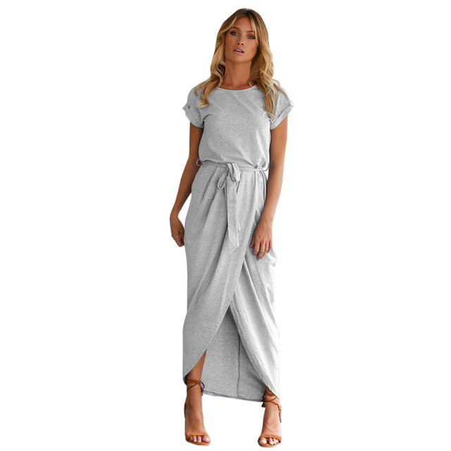Women Round Neck Short Sleeve Dress Irregular Tights Stretch Front Sli   Front Slit Dress