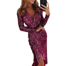 Load image into Gallery viewer, Rose Gold Party Dress Shiny Ruched Front Thigh Slit Dress Sukienka Deep V Neck Formal Dress Women Elegant High Waist Robe 2019