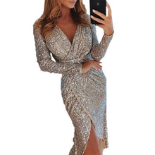 Load image into Gallery viewer, Rose Gold Party Dress Shiny Ruched Front Thigh Slit Dress Sukienka Deep V Neck Formal Dress Women Elegant High Waist Robe 2019