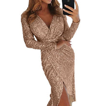 Load image into Gallery viewer, Rose Gold Party Dress Shiny Ruched Front Thigh Slit Dress Sukienka Deep V Neck Formal Dress Women Elegant High Waist Robe 2019