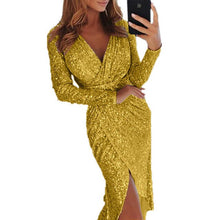 Load image into Gallery viewer, Rose Gold Party Dress Shiny Ruched Front Thigh Slit Dress Sukienka Deep V Neck Formal Dress Women Elegant High Waist Robe 2019