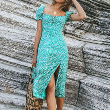 Load image into Gallery viewer, KLV Women Sexy Square Collar Snowflake Print Dress Maxi Dress Beach Casual Short Sleeve Front Slit Dress Dropship 3.19