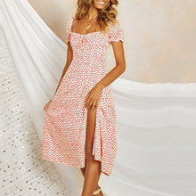 Load image into Gallery viewer, KLV Women Sexy Square Collar Snowflake Print Dress Maxi Dress Beach Casual Short Sleeve Front Slit Dress Dropship 3.19