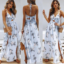 Load image into Gallery viewer, print front slitted halter bow dress for women for women summer dress boho-style floral backless bow party beach long dress
