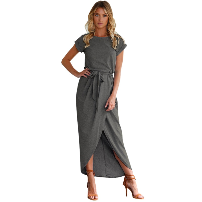 Women Round Neck Short Sleeve Dress Irregular Tights Stretch Front Sli Front Slit Dress Women Round Neck Short Sleeve Dress Irregular Tights Stretch Front Sli Front Slit Dress
