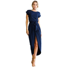 Load image into Gallery viewer, Women Round Neck Short Sleeve Dress Irregular Tights Stretch Front Slit Pocket Slim Print Dress Long Dresses Women*