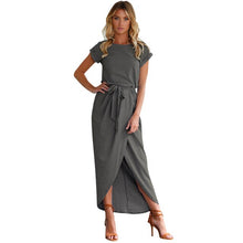 Load image into Gallery viewer, Women Round Neck Short Sleeve Dress Irregular Tights Stretch Front Slit Pocket Slim Print Dress Long Dresses Women*