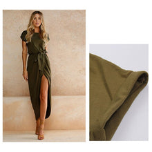 Load image into Gallery viewer, Women Round Neck Short Sleeve Dress Irregular Tights Stretch Front Slit Pocket Slim Print Dress Long Dresses Women*